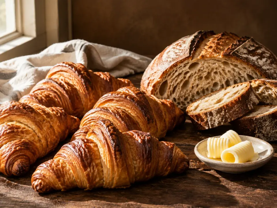 Bread and pastries displayed on a counter